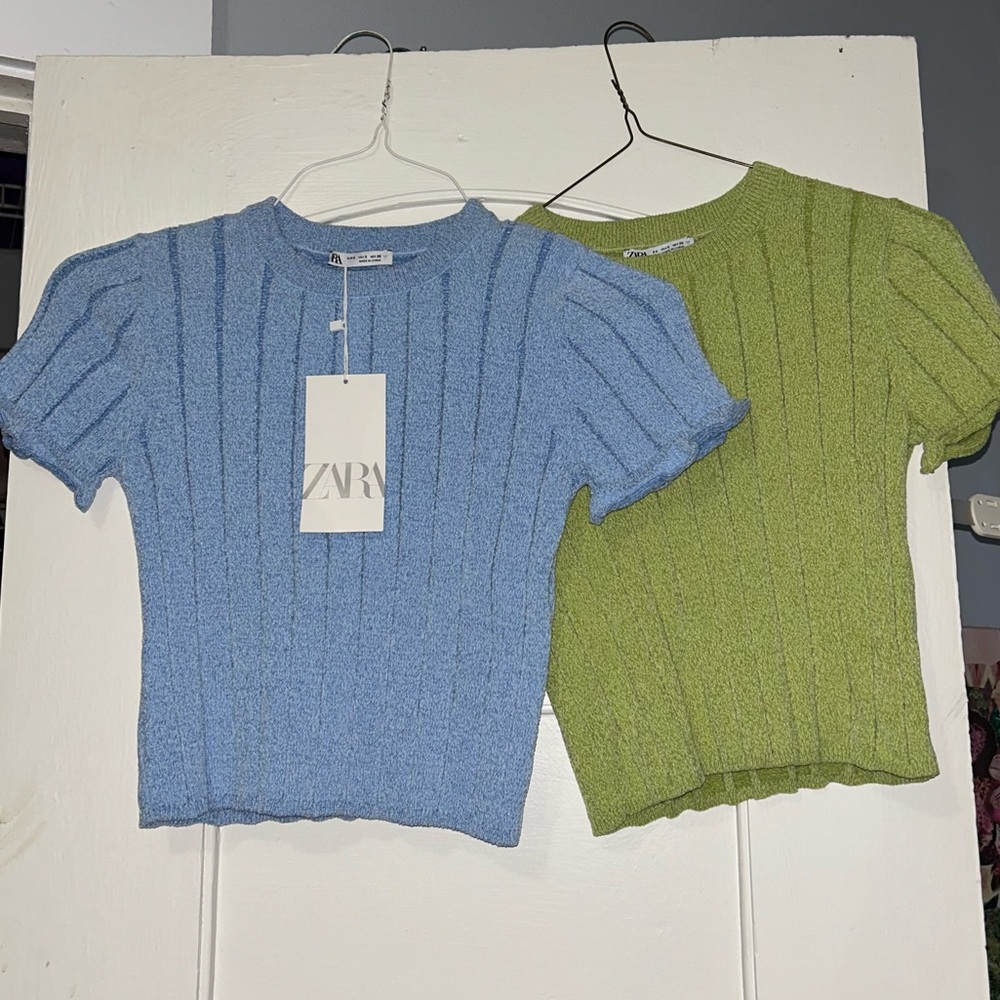 NWT/LIKE NEW- ZARA CROPPED SWEATER TOP S BABY BLUE & LIME GREEN